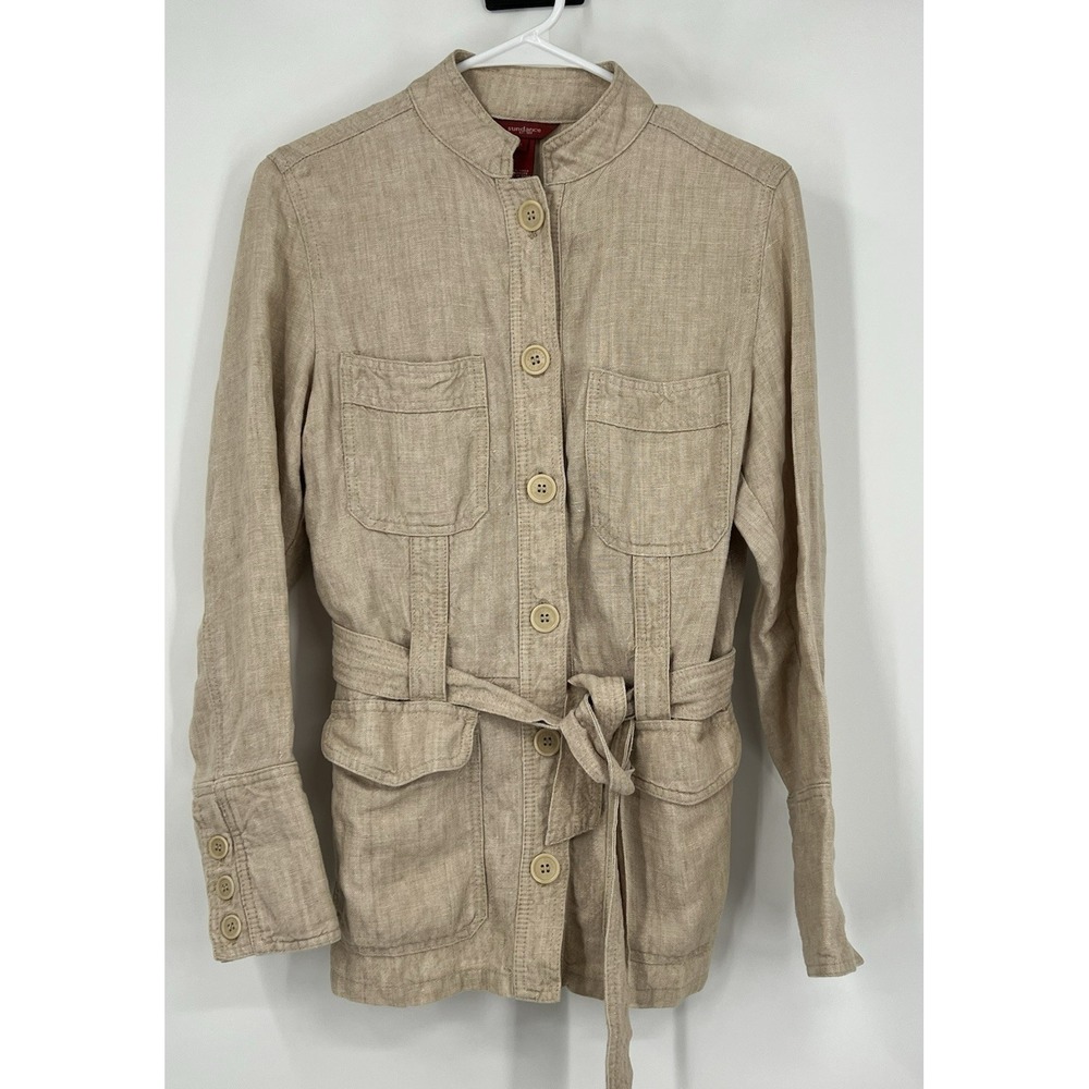 Sundance Linen Safari Jacket Women Small Beige Belted Pockets Mandarin Collar